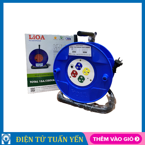 Ổ cắm kéo dài rulo lioa qt20-2-15a kiểu ổ quay to, công suất chịu tải 3300w, dây dài 20m - hàng chính hãng