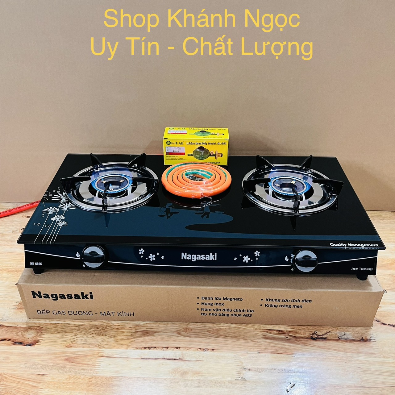 Na5aki nk-686g gas stove + gas wire valve-saving gas burners-brass burners-tempered glass-12 months warranty