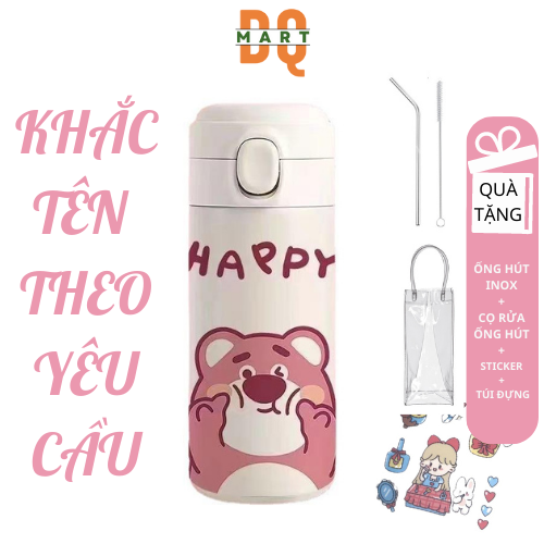 Ly Giữ Nhiệt Gấu Dâu Lotso DQMart Chất Liệu Inox 304 Cao Cấp Không Gỉ 420ml , In Hình Cute Có Ống Hút Với Dung Tích 420ml Thích Hợp Mang Đi Làm, Đi Học, Đi Du Lịch, Bảo Hành 12 Tháng, DQMart