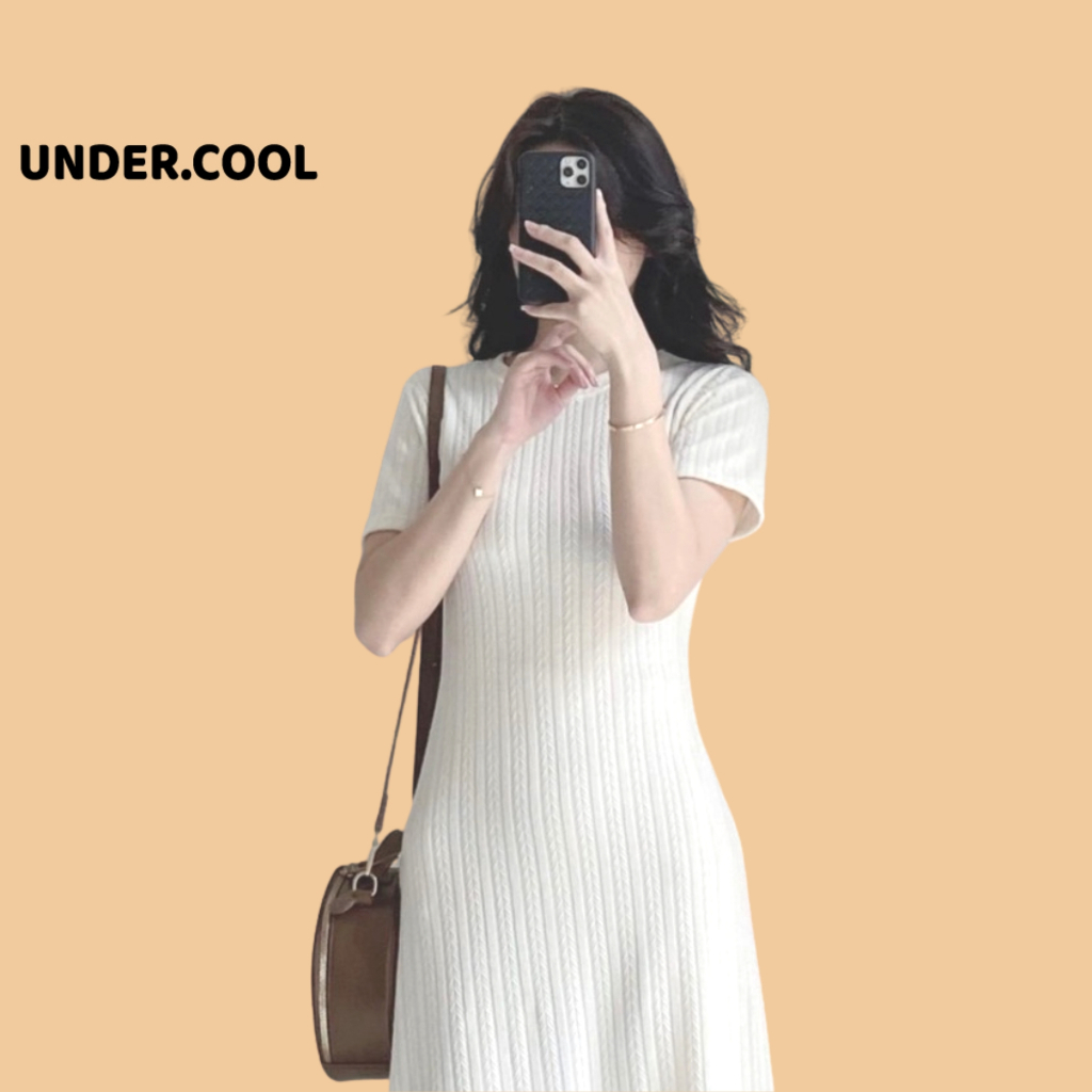 Đầm len body UNDERCOOL Midi Xương Cá Co Dãn Bốn Chiều Cổ Tròn Kiểu Dáng Basic