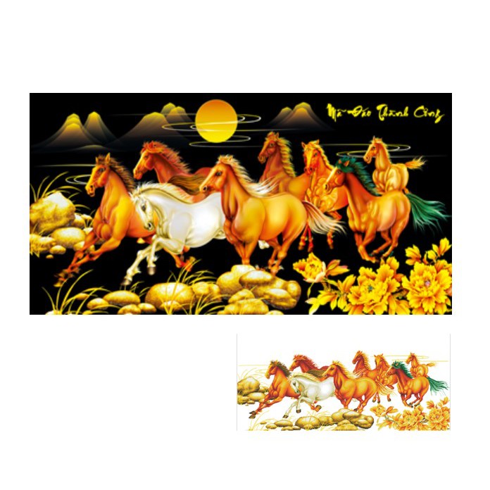 TRANH ĐÍNH ĐÁ 8 con ngựa Mã Đáo Thành Công ngựa vàng nền đen VS - Chưa đính
