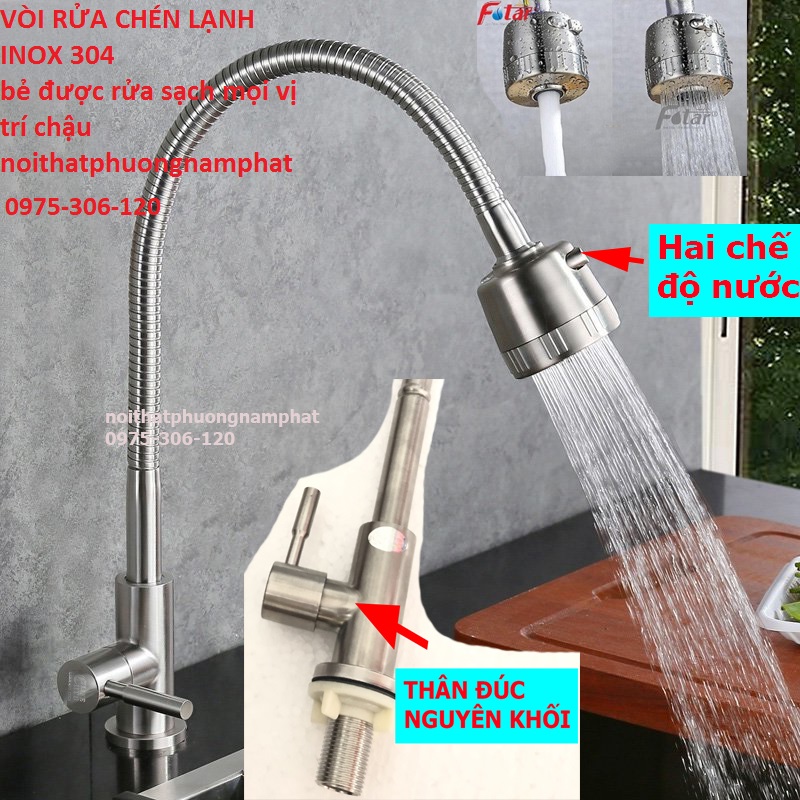 RỬA ĐƯỢC MỌI VỊ TRÍ TRONG CHẬU Vòi Rửa Chén Bát Lạnh Inox 304 Cần Bẻ Lò Xo quay 360 độ dùng cho 2 hộc chậu N5029 Fotar