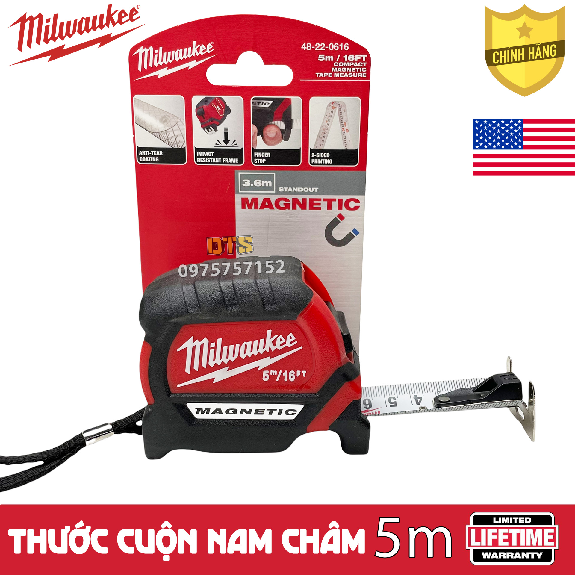 Thước kéo tích hợp nam châm 5m Milwaukee Mỹ siêu bền, thước cuộn thép 2 mặt nền trắng công nghiệp độ chính xác tuyệt đối, chữ số vạch chia khắc laser phủ nylon, vỏ bọc cao su chống va đập, thước rút, thước dây thép, thước