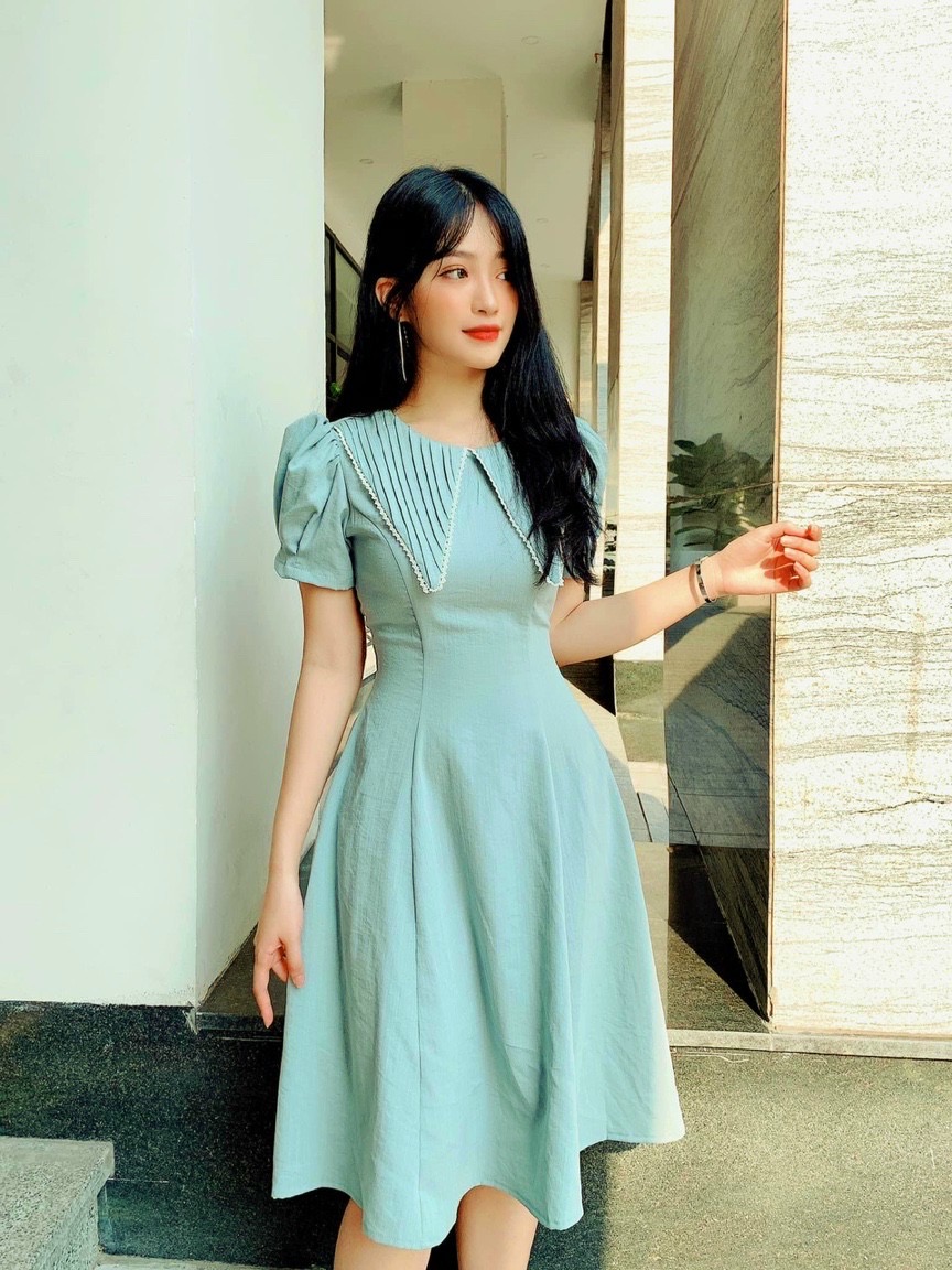Đầm mint cổ xếp
