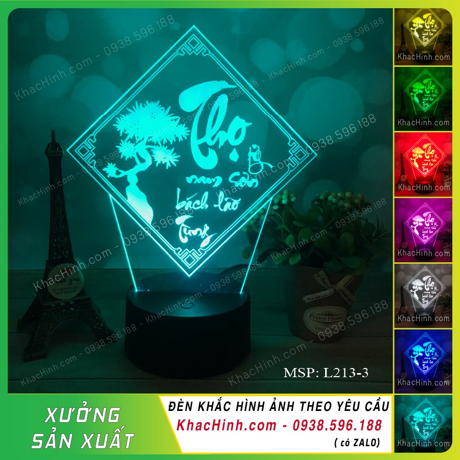 Đèn thư pháp chữ THỌ (Thọ tỷ nam sơn bách lão tùng), đèn tranh thư pháp chữ THỌ, đèn decor, thiết kế và khắc hình theo yêu cầu,quà tặng sinh nhật, quà tặng khách hàng… khachinh.com