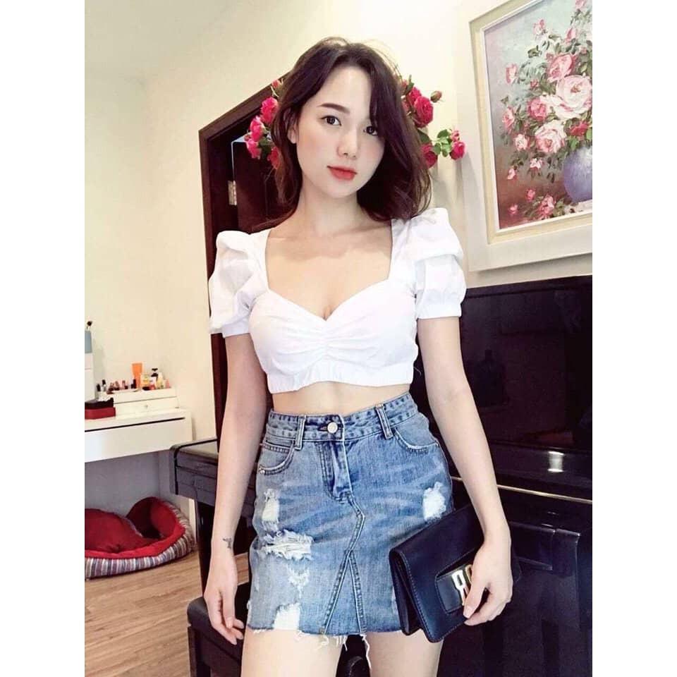Áo Croptop trắng tay phồng sexy gợi cảm
