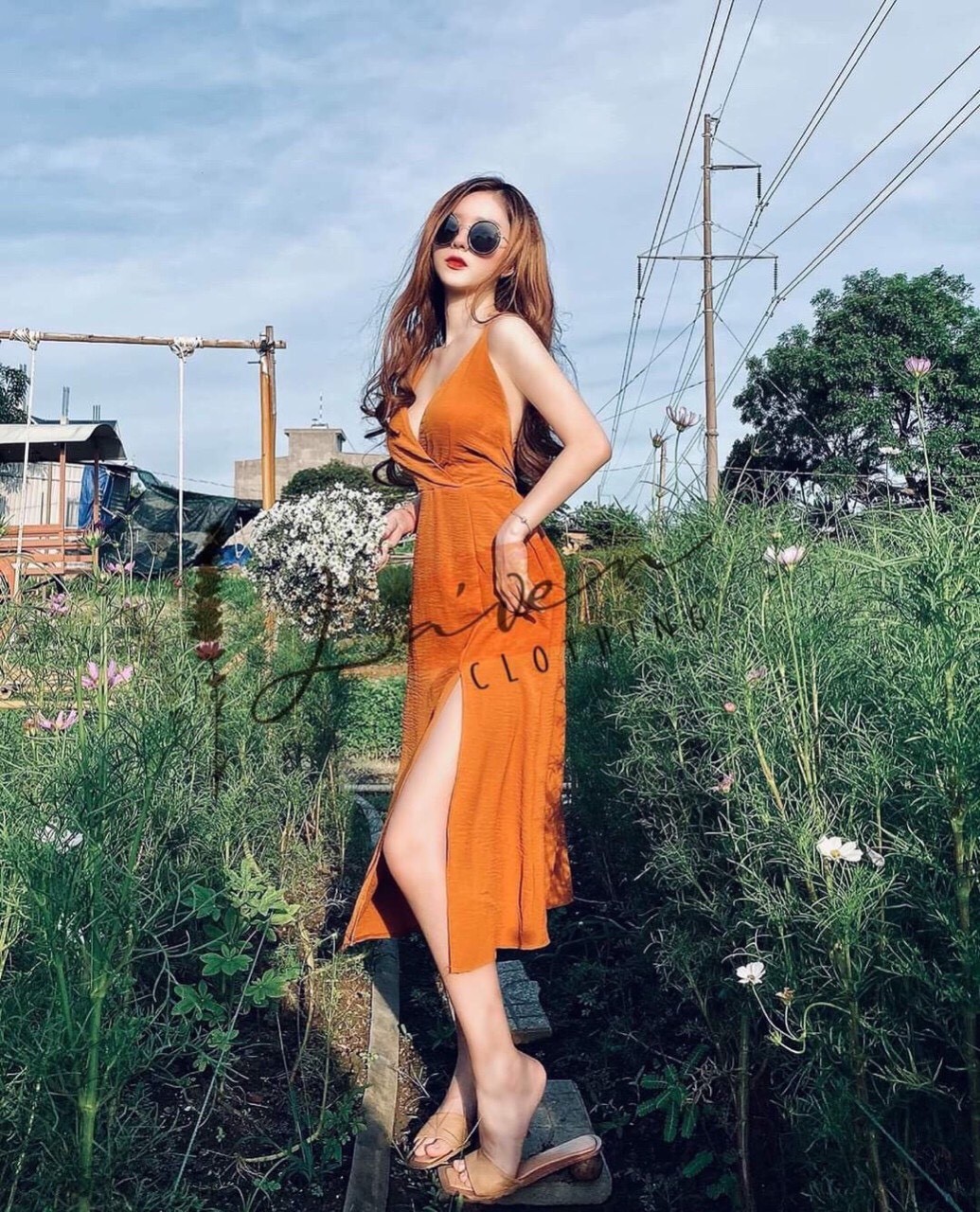 [HCM]Đầm maxi hai dây xẻ tà cột nơ lưng