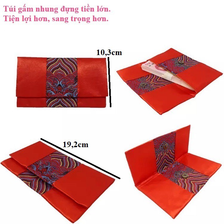 Combo 5 bao lì xì vải gấm đỏ hoa văn thổ cẩm