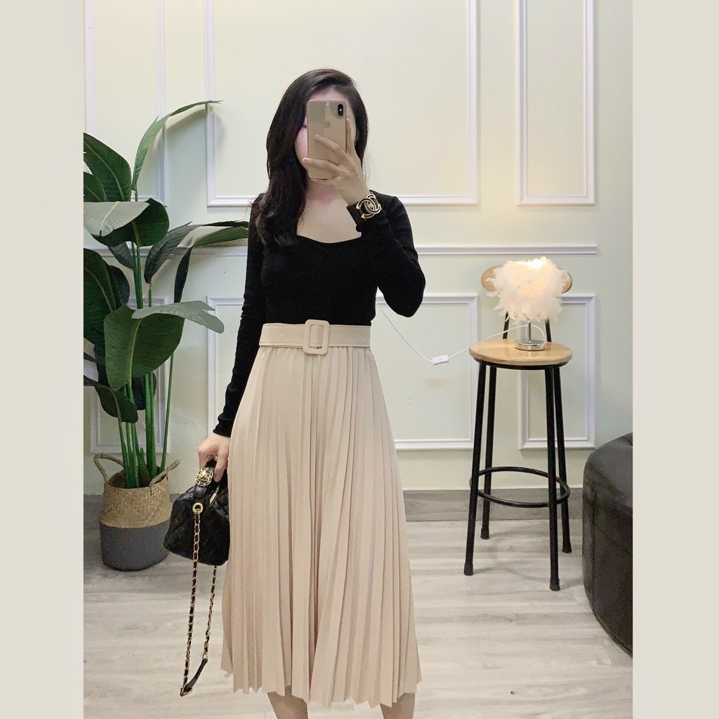 Chân váy xếp ly kèm đai siêu đẹp _ FREESIZE