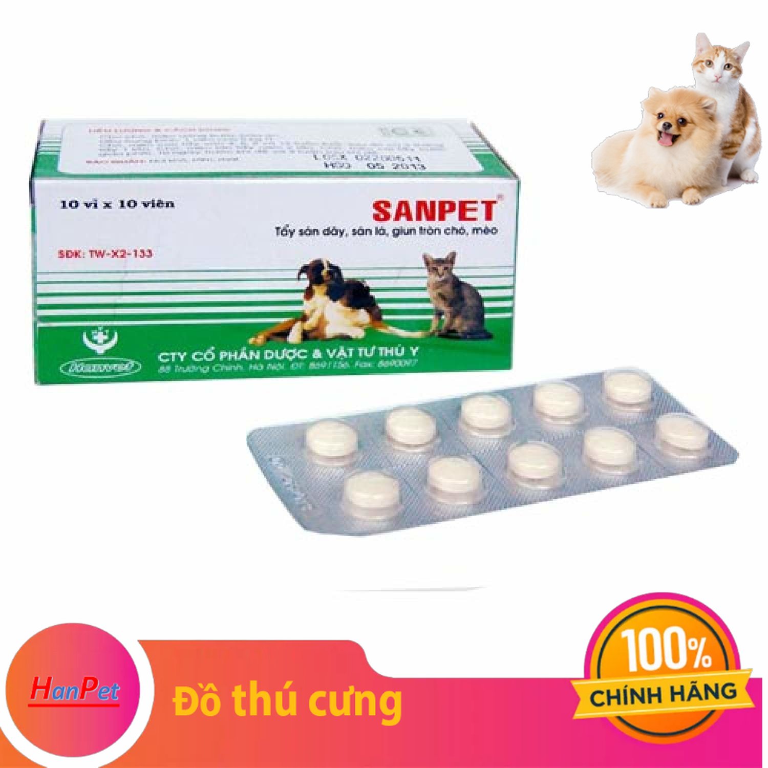 Hanpet - 1 Vỉ 10 viên XỔ GIUN SANPET - ( 303) tẩy giun chó / tẩy sán chó / tẩy giun chó mèo / xổ giun chó mèo / so lai cho /- HP10521TC