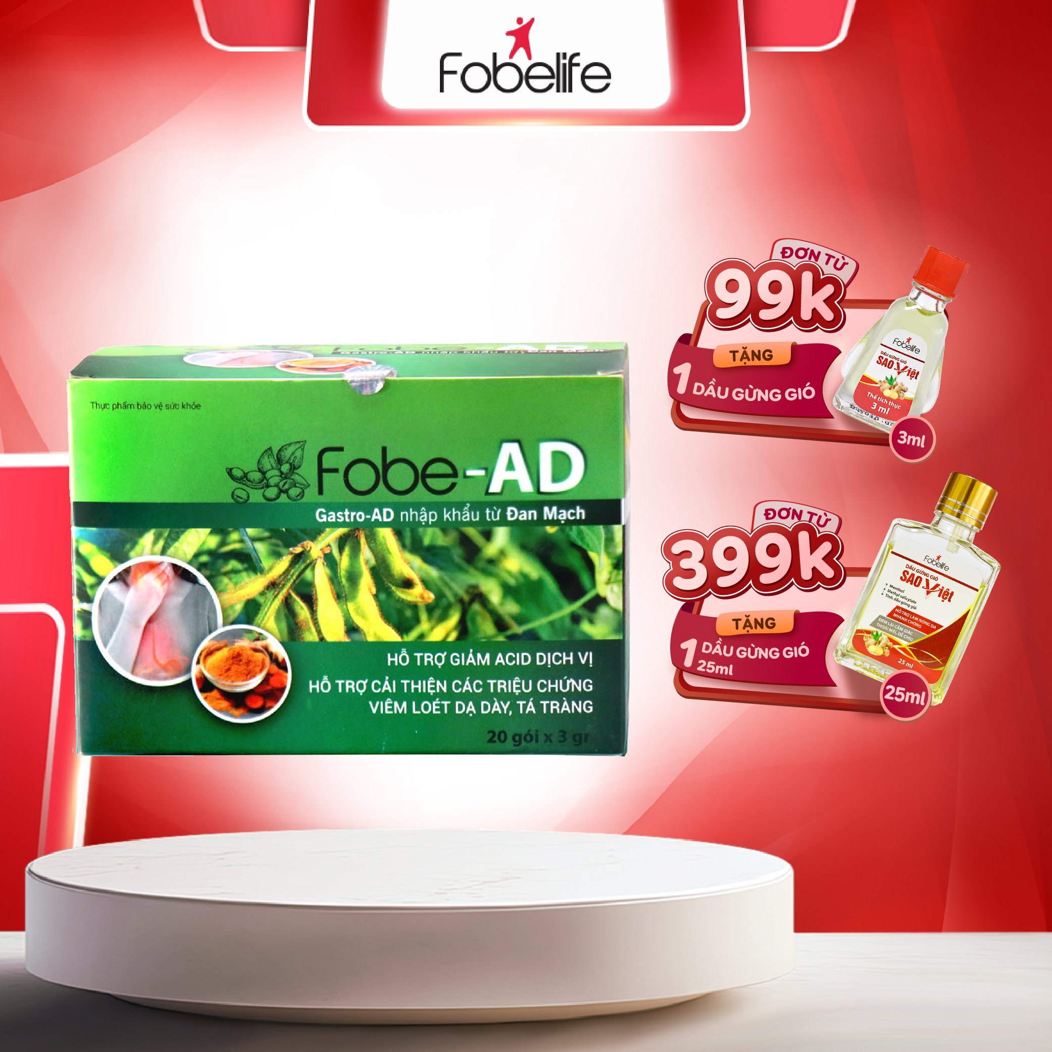 Gói Bột Fobe AD Giảm Nhanh Ợ Nóng, Ợ Chua, Ợ Hơi, Trào Ngược Dạ Dày - Hộp 20 gói