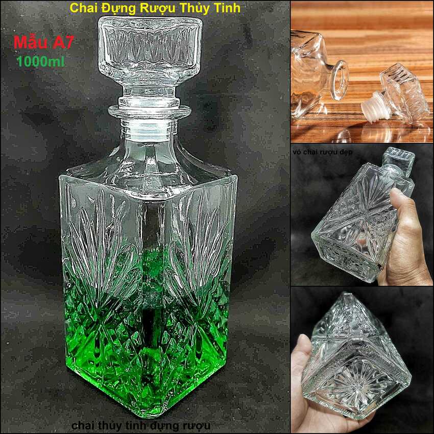 Glass bottle 1000ML – SQUARE shape - PALM LEAF design – 1 bottle – A7 pattern