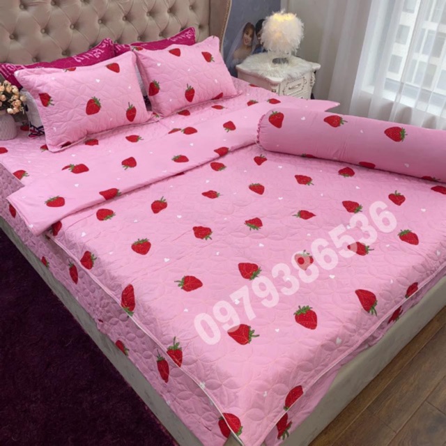 Bộ ga phủ chần bông 5 món dâu hồng