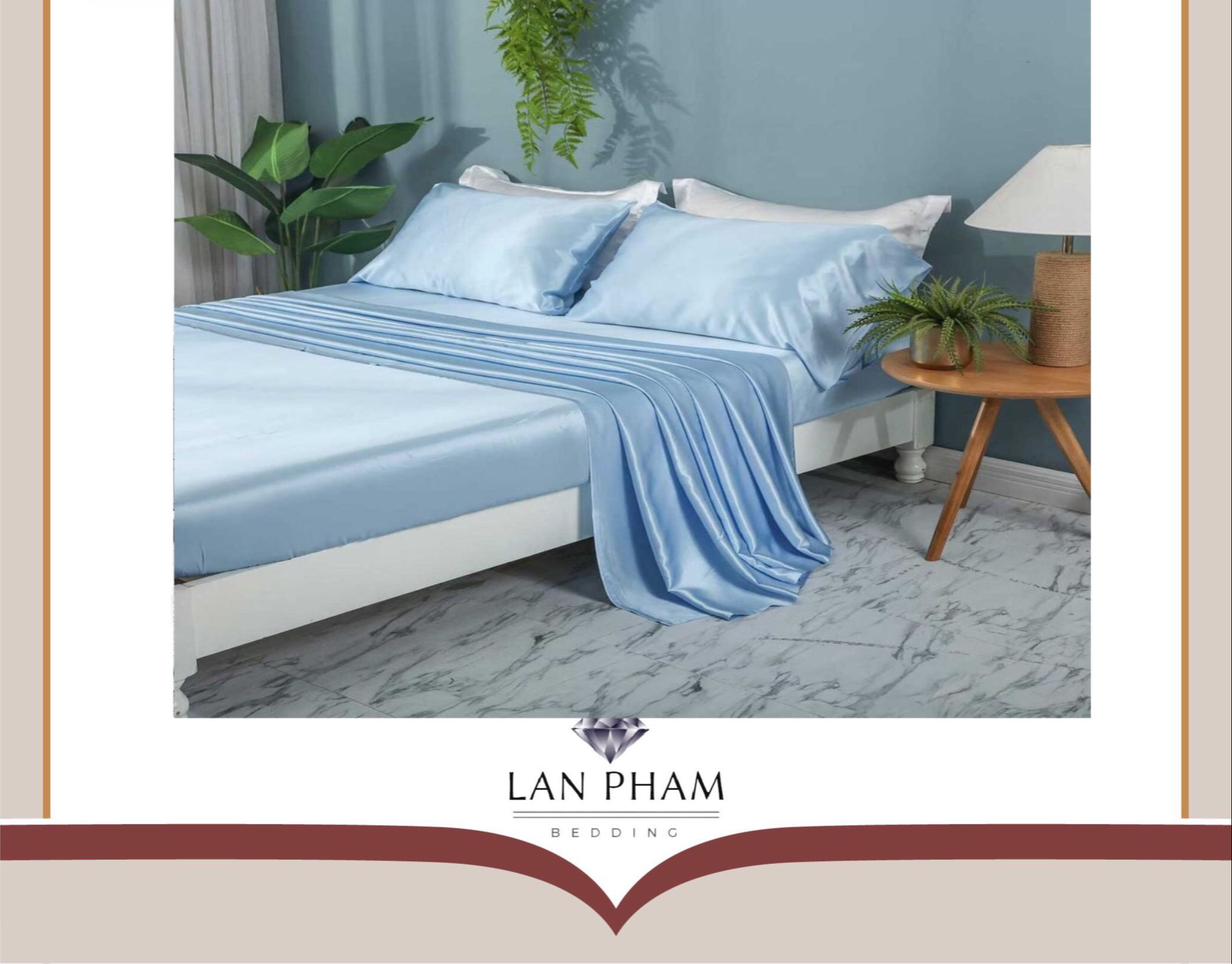 ( Lụa Loại 1) Bộ 4 Món Ga Gối Phi Lụa Xanh Da Trời Lan Pham Bedding Hàng Loại 1 Mát Mịn
