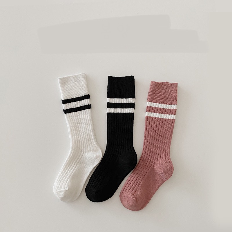 Set 3 đôi tất bắp chân sọc hồng phối màu Tất đùi cho bé gái, phong cách Hàn Quốc