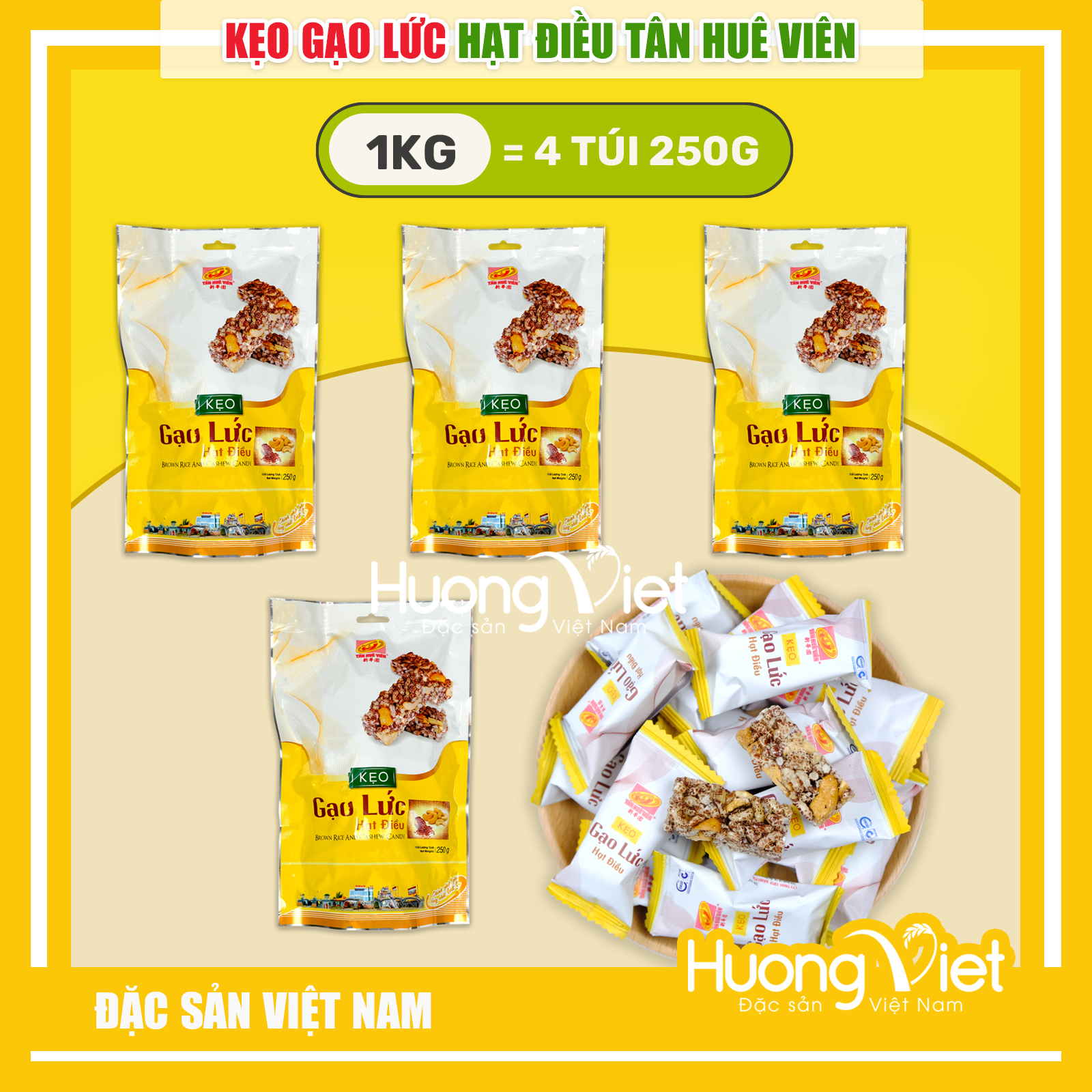 1KG kẹo gạo lức hạt điều cao cấp Tân Huê Viên 250g
