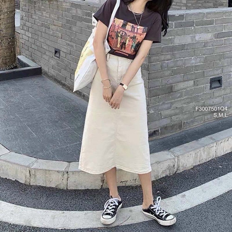 Chân váy jeans kem dáng dài