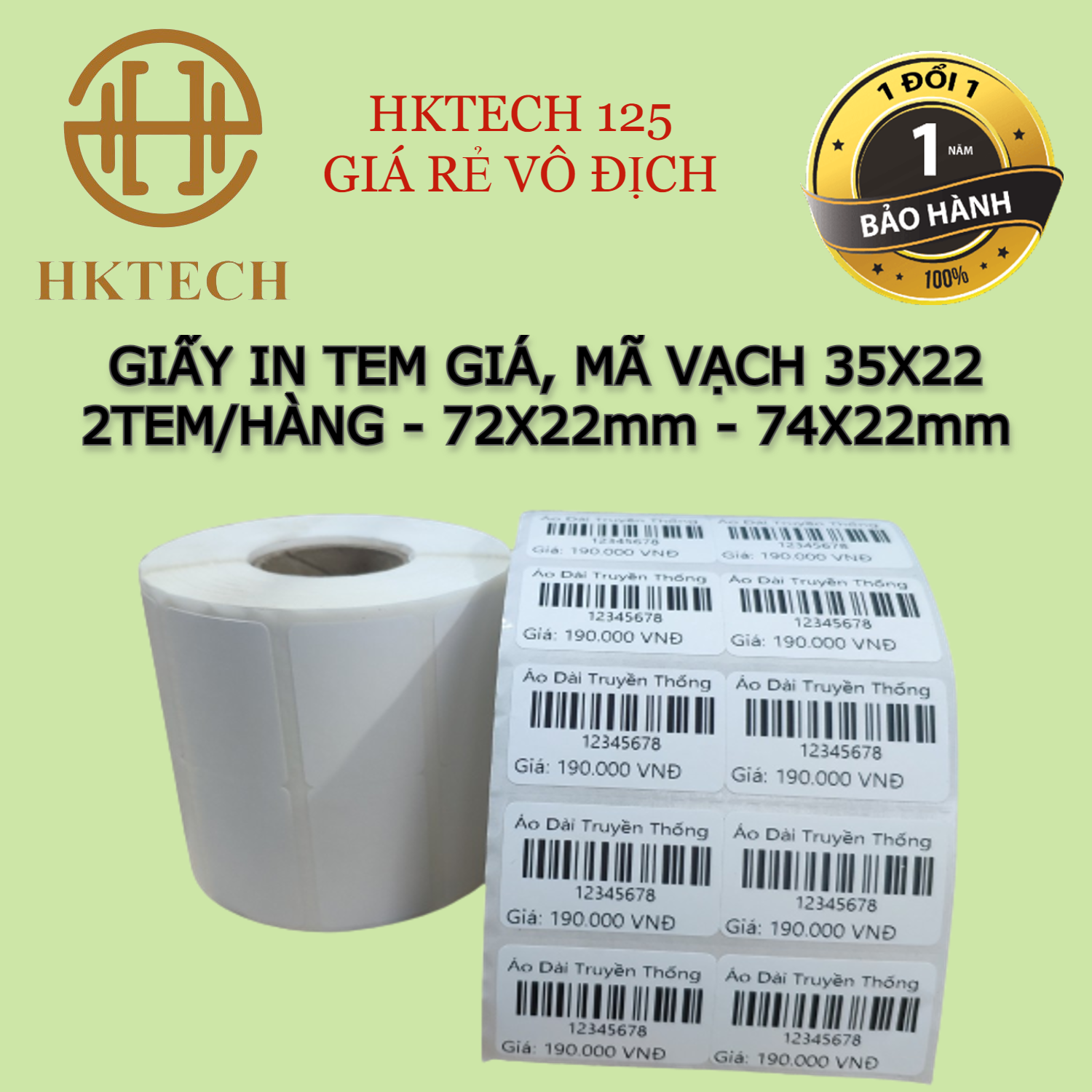 Giấy in mã vạch 2 tem , tem in mã vạch khổ 35x22mm 2 tem/hàng, 72x22mm, cuộn 2000 tem