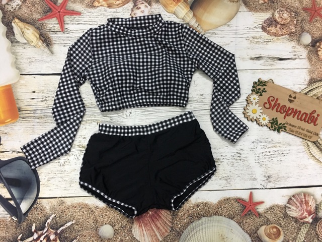 [HCM]Đồ bơi cặp thun lạnh caro set nữ tay dài