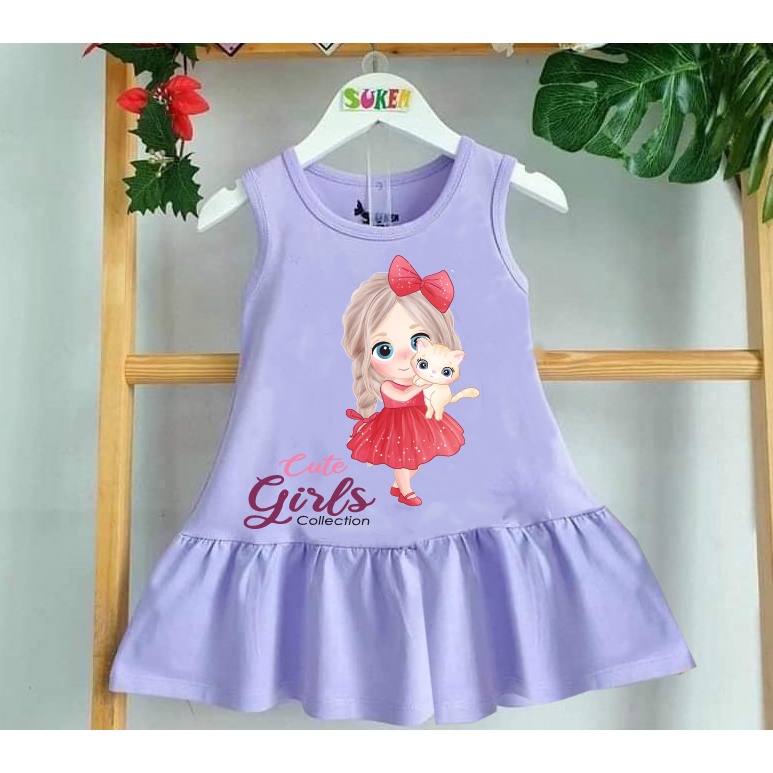 Đầm sát nách chất thun co giãn4 chiều in hình bé gái dễ thương cho bé từ 8kg đến 28kg
