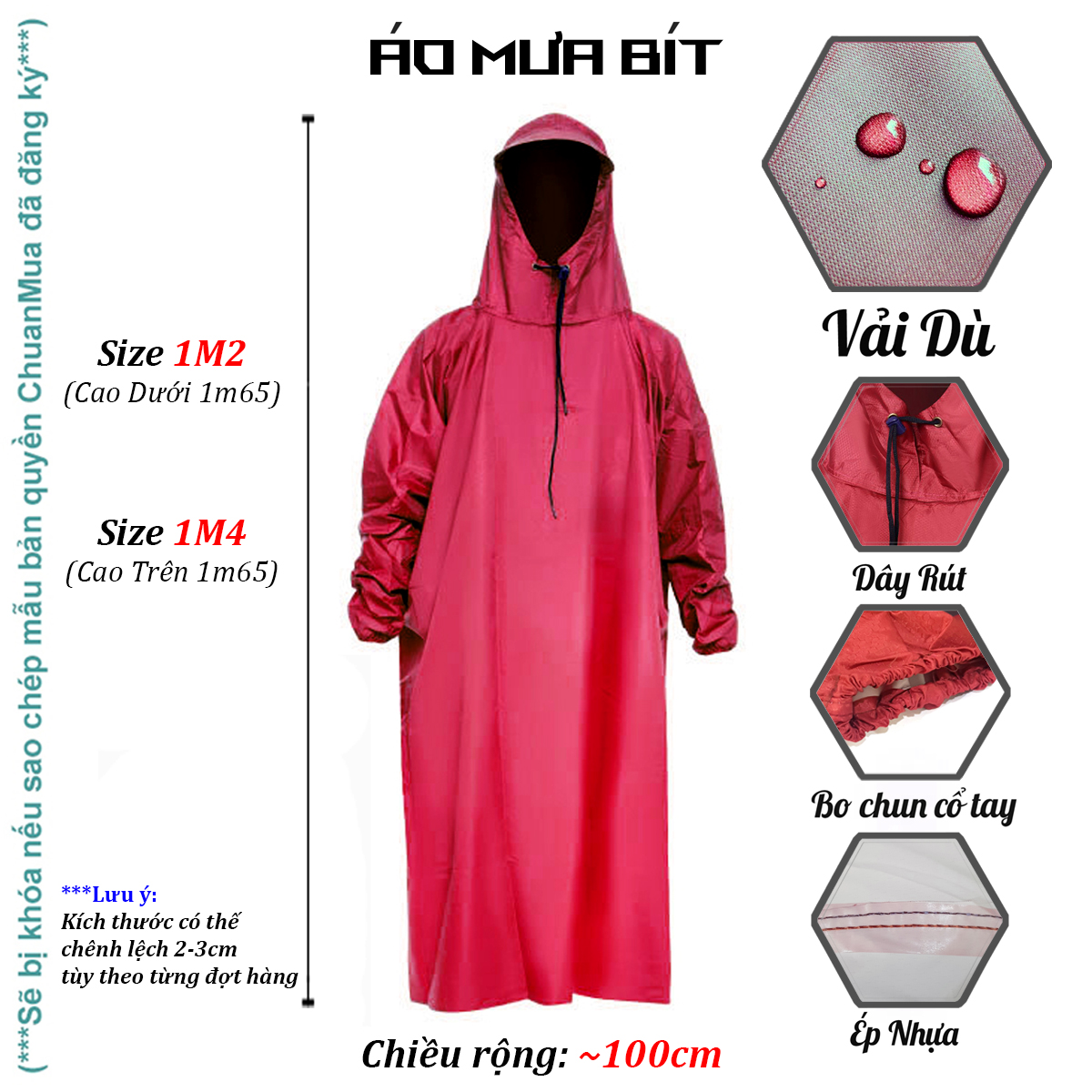Áo Mưa Bít Vải Dù Da Cá 1m2 & 1m4 ( Giá Sỉ Xưởng Việt Nam - Siêu Bền, Không Xẻ Tà Kích Thước Tùy Chọn. Che kín người, Áo Mưa 1 Đầu Một Người,... ) - ChuanMua GDA216