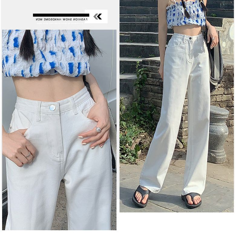 Quần jeans nữ suông trắng lưng cao ống bó sát quần dài nữ trơn không co giãn vải Denim Thời trang Retro Vintage