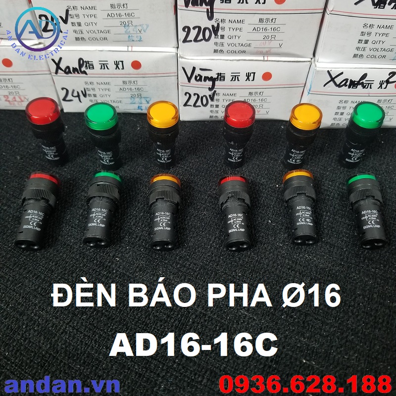 Đèn báo nguồn LED phi 16mm AD16-16C (Đỏ, Vàng, Xanh), Đèn báo pha AC 220V, AC/DC 24V