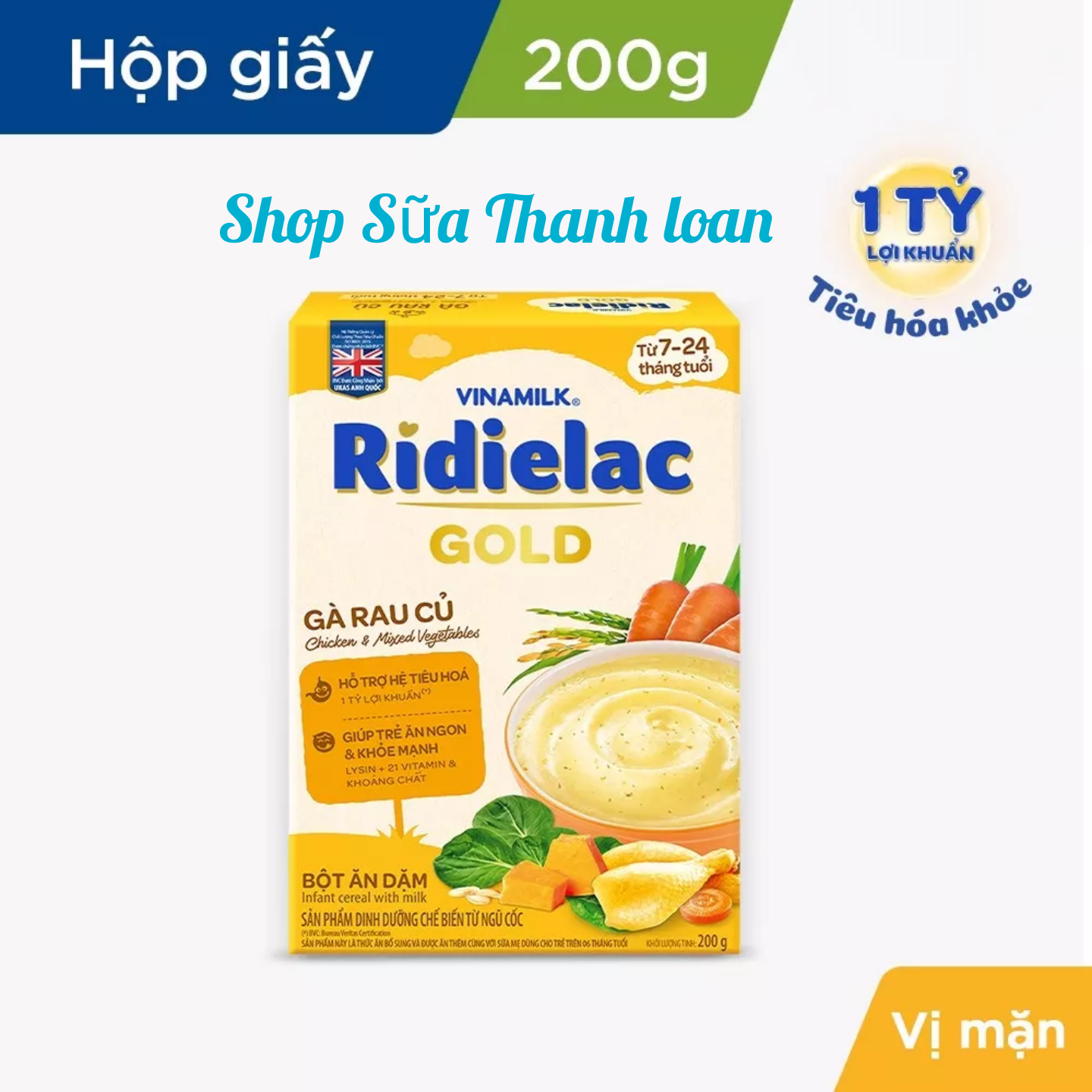 (HSD T3-2026) (MẪU MỚI) BỘT ĂN DẶM RIDIELAC GOLD GÀ RAU CỦ - HỘP GIẤY 200G.
