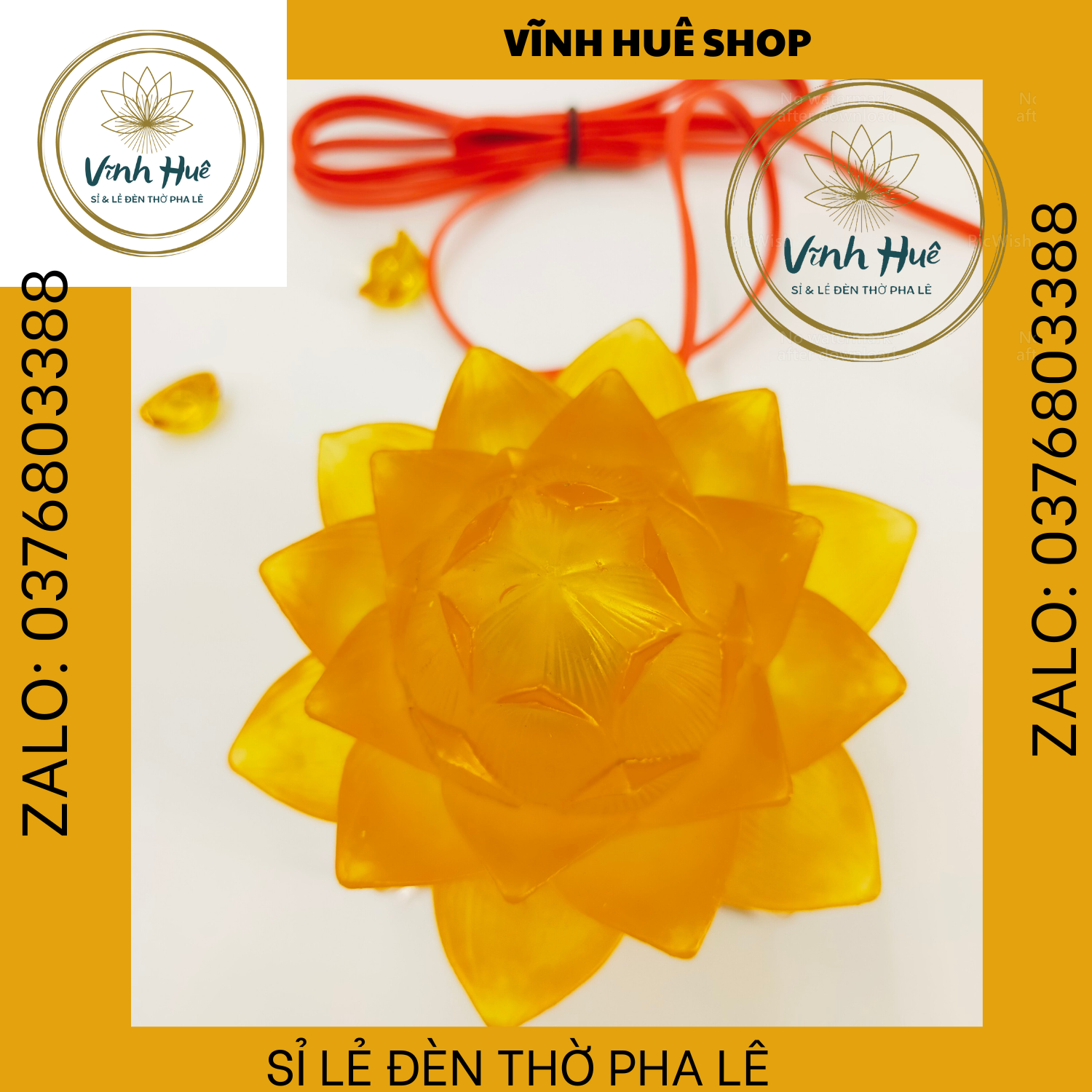 ĐÈN THỜ CÚNG MẠCH LED HOA SEN VÀNG ĐỔI MÀU ĐẾ PHA LÊ