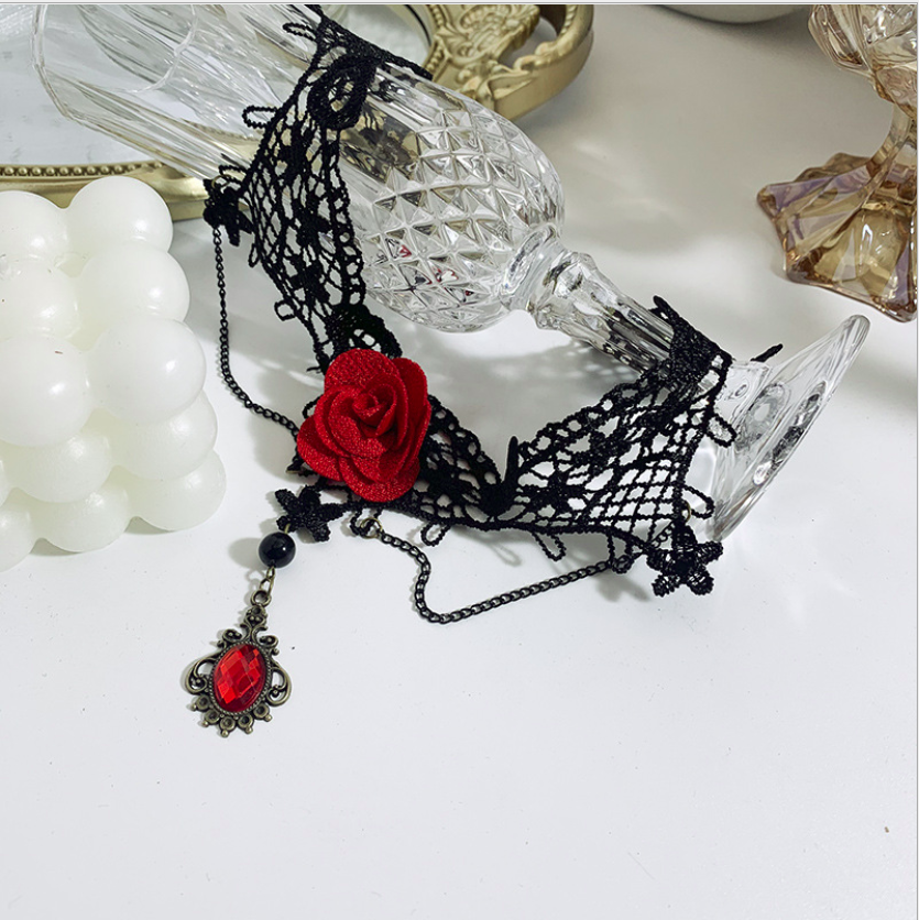 [HCM]Vòng cổ choker ren đen bông hồng đỏ phá cách