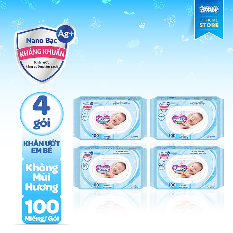 (Sale 50%) Khăn ướt Bobby 100 miếng có mùi và không mùi