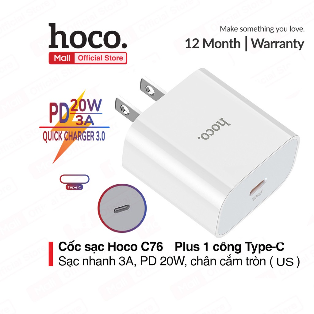 Củ sạc nhanh Hoco C76 Plus 1 cổng Type-C hỗ trợ sạc nhanh 3A, PD 20W, tương thích nhiều thiết bị công nghệ ( US )