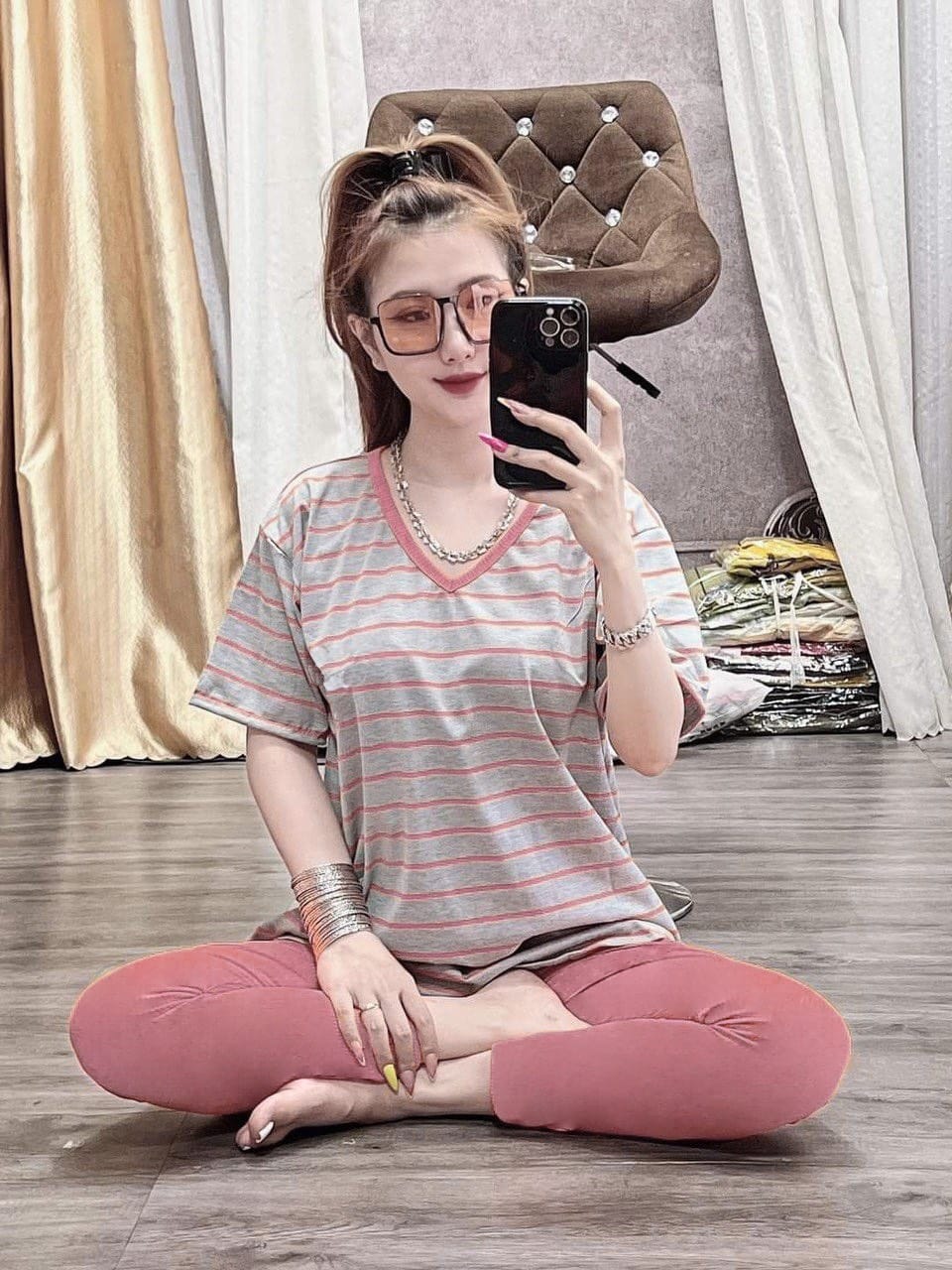 Set Bộ Cotton Cổ Tim Sọc Thời Trang- Y Hình