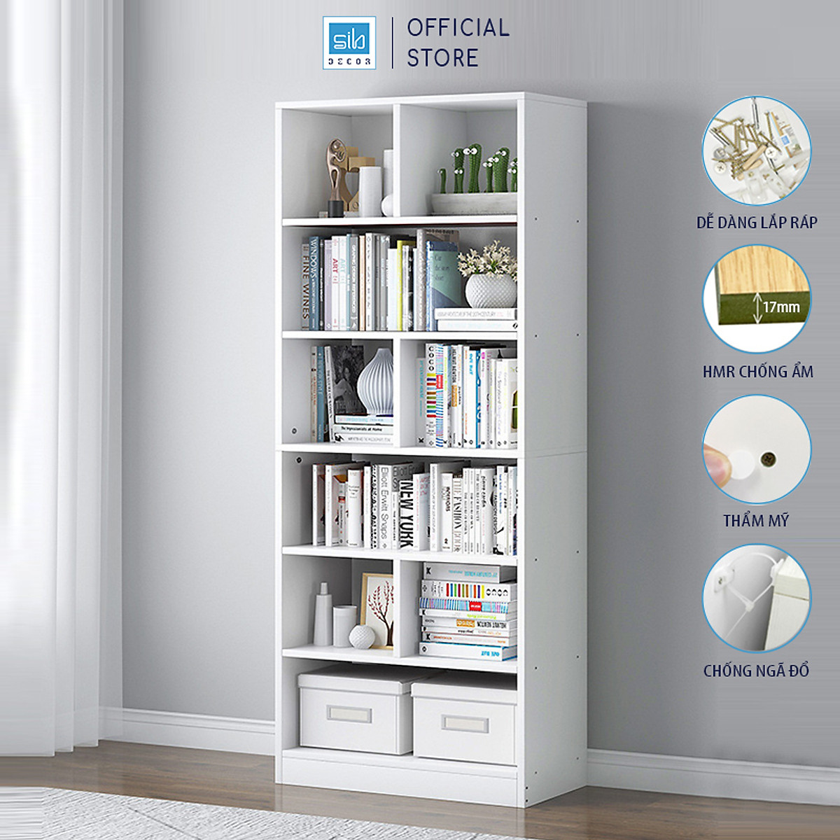 Giá Sách Gỗ Đứng Dài 60cm, Cao 178cm, Rộng 24m Kệ Để Sách Đồ Trang Trí Decor SIB KSG02