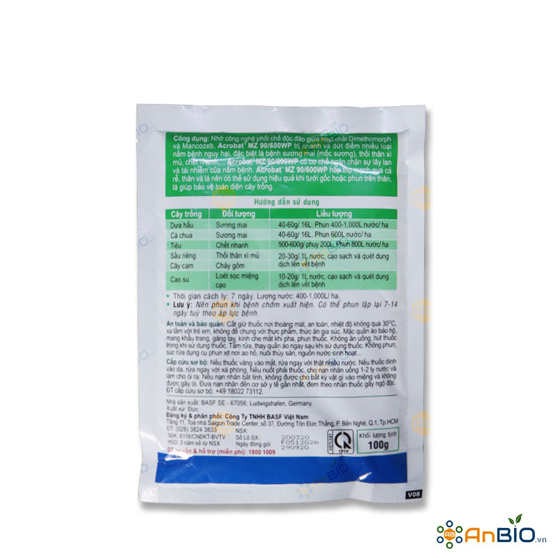 Trừ Nấm Bệnh ACROBAT MZ 90/600WP Gói 100g (Hoạt chất Mancozeb và Dimethomorph)