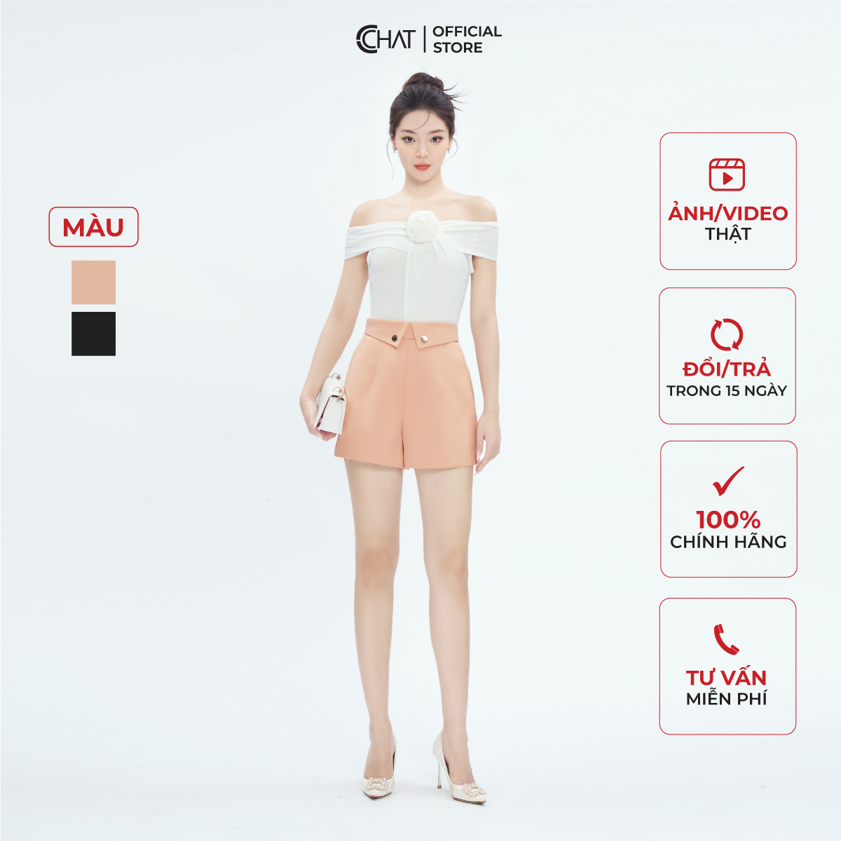 Quần Short Nữ CCHAT Cạp Lật Dáng A Chất Tafta Cao Cấp 53ONB2010AT