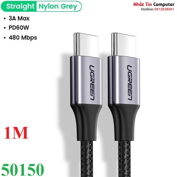Cáp sạc nhanh 60W USB Type-C to Type-C dài 1M bọc nylon Ugreen 50150 cao cấp (dữ liệu) Chính Hãng