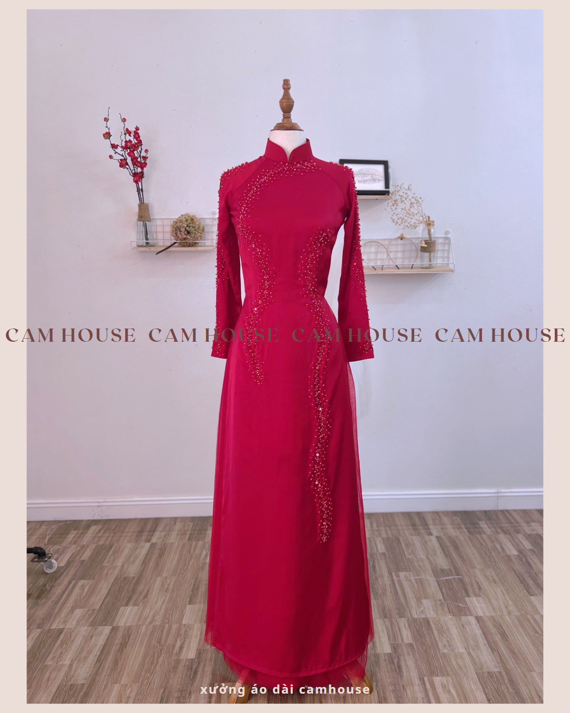Áo dài cưới màu đỏ đô đính kết phale [CAM HOUSE] chất liệu lụa 4 tà dày dặn