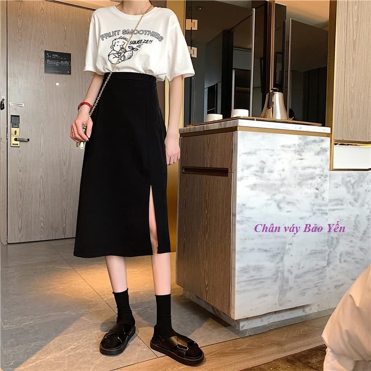 Chân váy midi A xẻ đùi dài 70cm