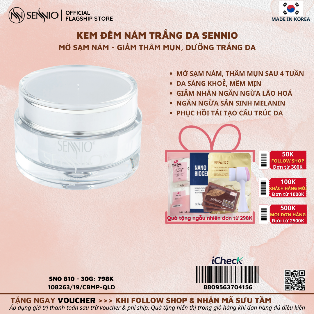 Kem đêm dưỡng trắng da mờ thâm mụn – sạm nám, chống lão hoá Sennio 30ml Intensive Pigmentation Cream SNO810