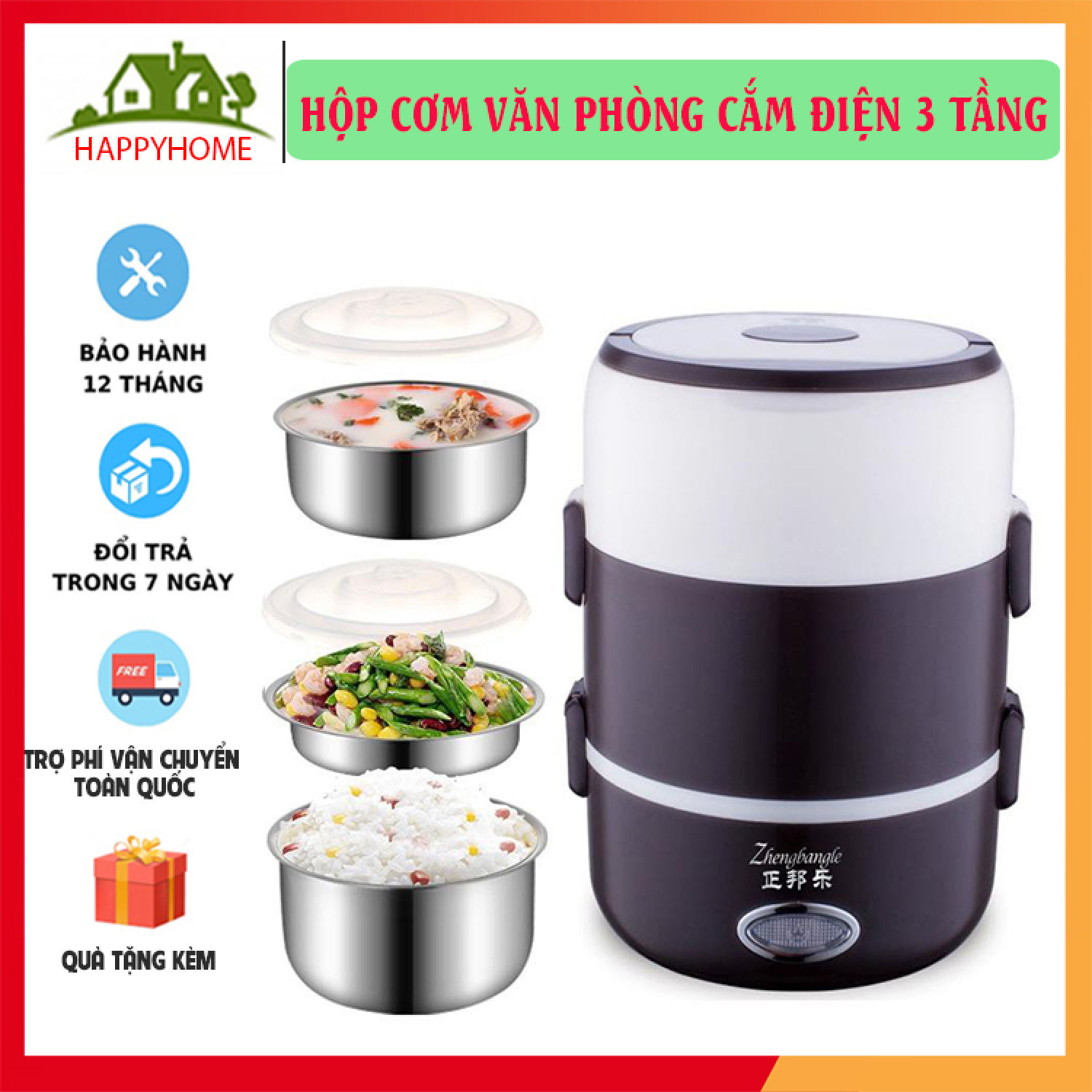 Hộp cơm cắm điện giữ nhiệt 3 tầng inox - hộp cơm văn phòng
