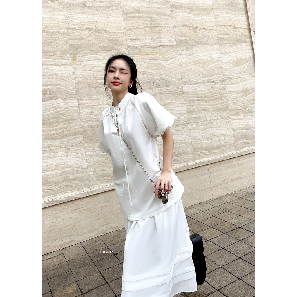 Cigno-áo sơ mi cổ trụ tay ngắn phồng baby giselin shirt