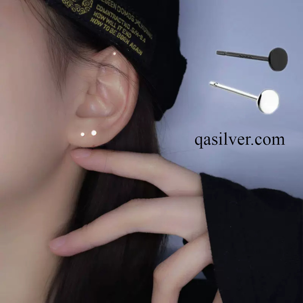 Bông tai bạc 925 đinh tán tròn dẹt khuyên nụ nam nữ đen S925 MINIMAL QA Silver Earrings EA200407