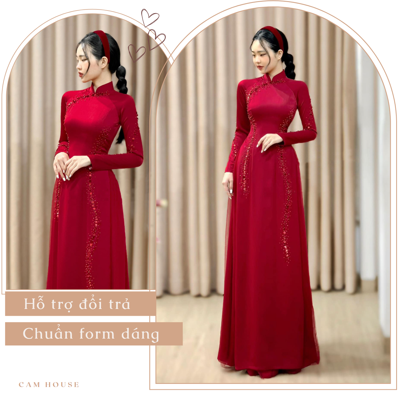 Áo dài cưới màu đỏ đô đính kết phale [CAM HOUSE] chất liệu lụa 4 tà dày dặn