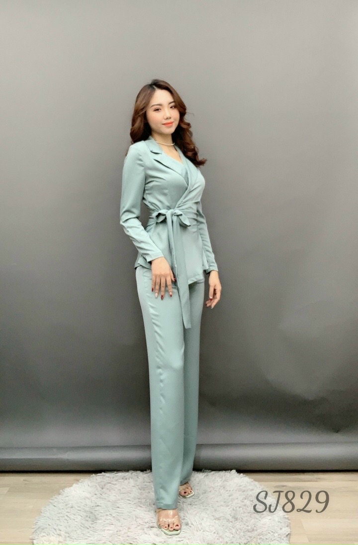 [HCM]Set bộ quần ống rộng áo Vest Cột eo