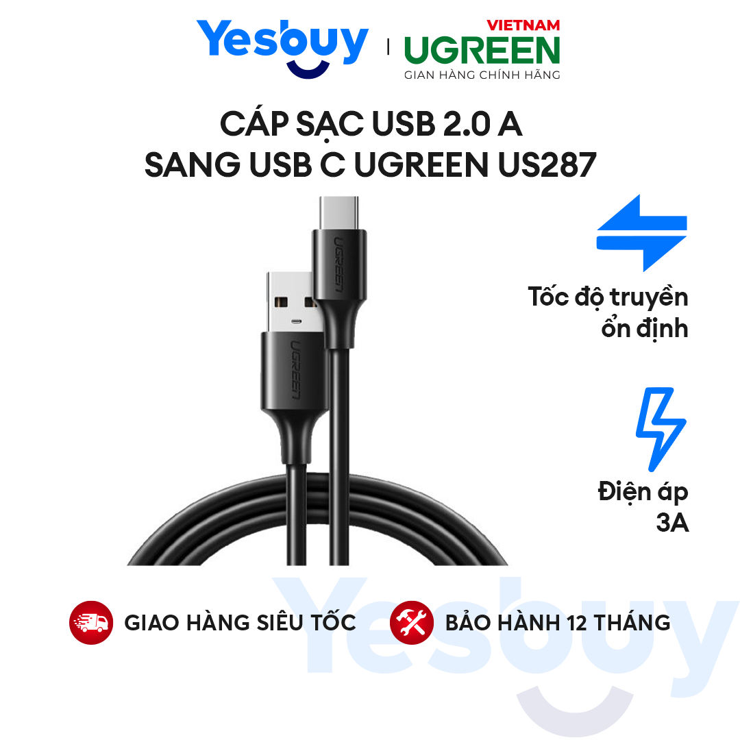 Cáp sạc usb 2.0 a sang usb c ugreen us287 | sạc nhanh cho samsung s21 xiaomi 11 pro | tốc độ truyền 480mbps | bảo hành 1 đổi 1 18 tháng | 60225 60114 60115 60116 60117 60118 60826 60119 60120 60121 60123