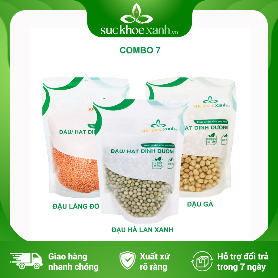 Combo 7 - Đậu gà & Đậu lăng đỏ nguyên hạt & Đậu hà lan xanh nguyên hạt - 500g/túi