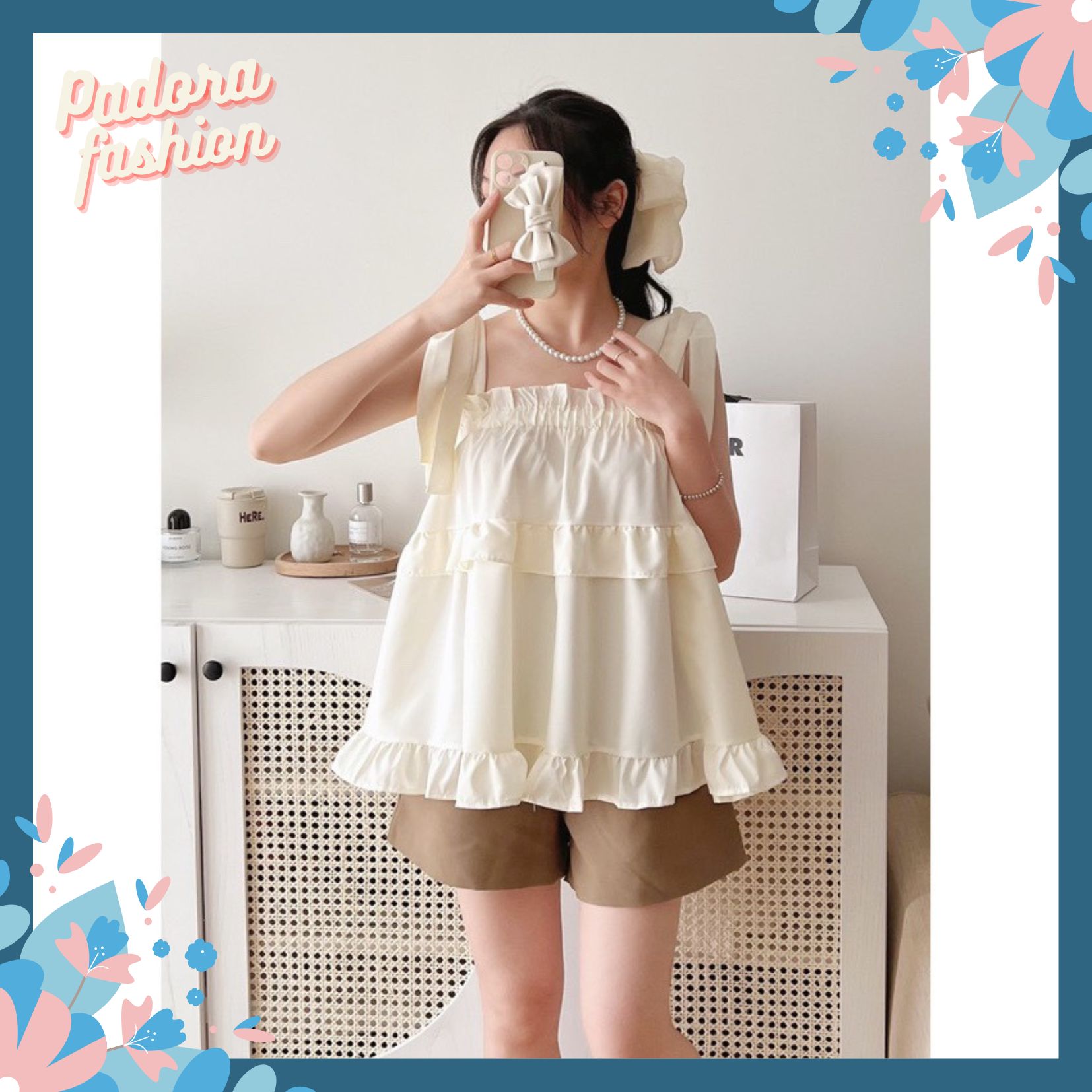 Áo 2 dây babydoll buộc nơ vai Áo kiểu nữ hai dây Padora-A91