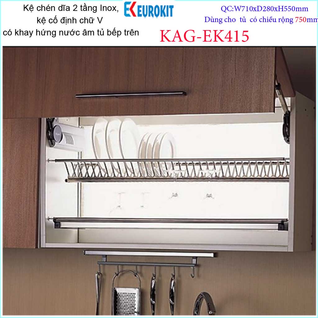 [HCM]Kệ  chén dĩa âm tủ chữ V KAG-EK415-75cm Kệ chén bát 2 tầng Eurokit âm tủ inox bóng cao cấp có khay hứng nước