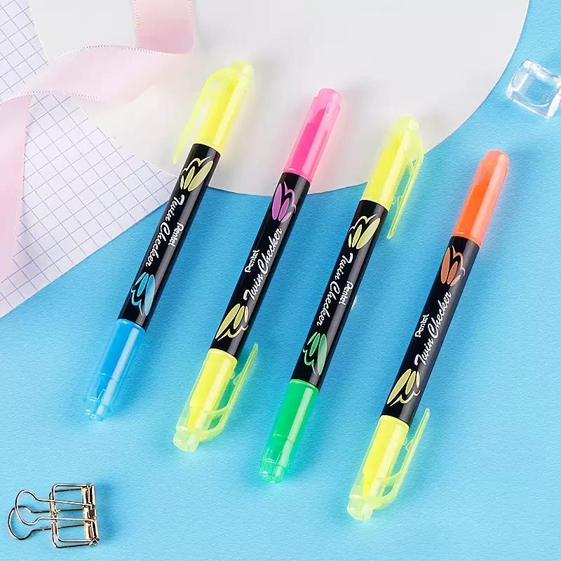 Bút Dạ Quang Nhớ Dòng Highlight Nhật Bản Pentel Twin Checker SLW8 - Thiết Kế 2 Đầu Ngòi Cùng Nét 1.0mm/3.5mm, Mực Ra Đều Màu Mực Tươi Sáng Dễ Sử Dụng
